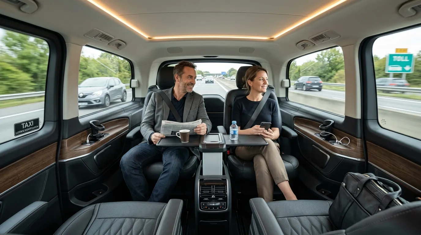 Intérieur d'un taxi Mercedes Classe V avec sièges face à face, tablettes et prises USB