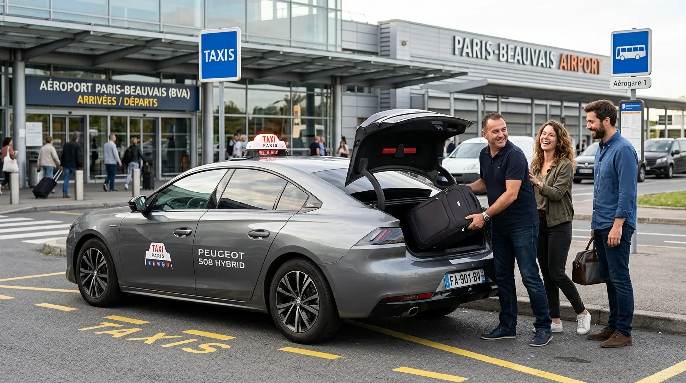 Taxi Peugeot 508 hybride devant l'aérogare de l'aéroport de Beauvais-Tillé