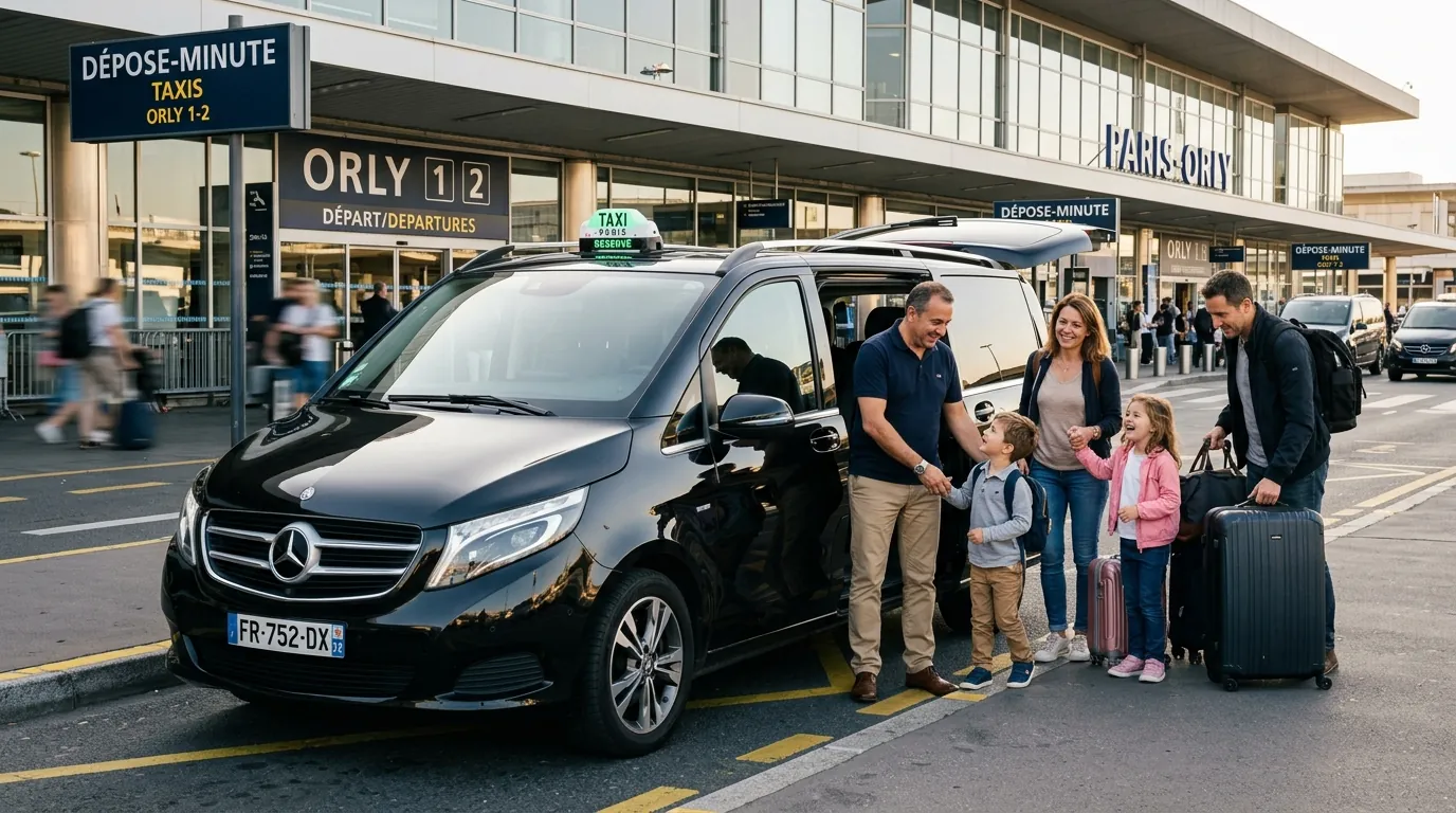 Taxi Mercedes Classe V stationné devant une aérogare de l'aéroport de Paris-Orly